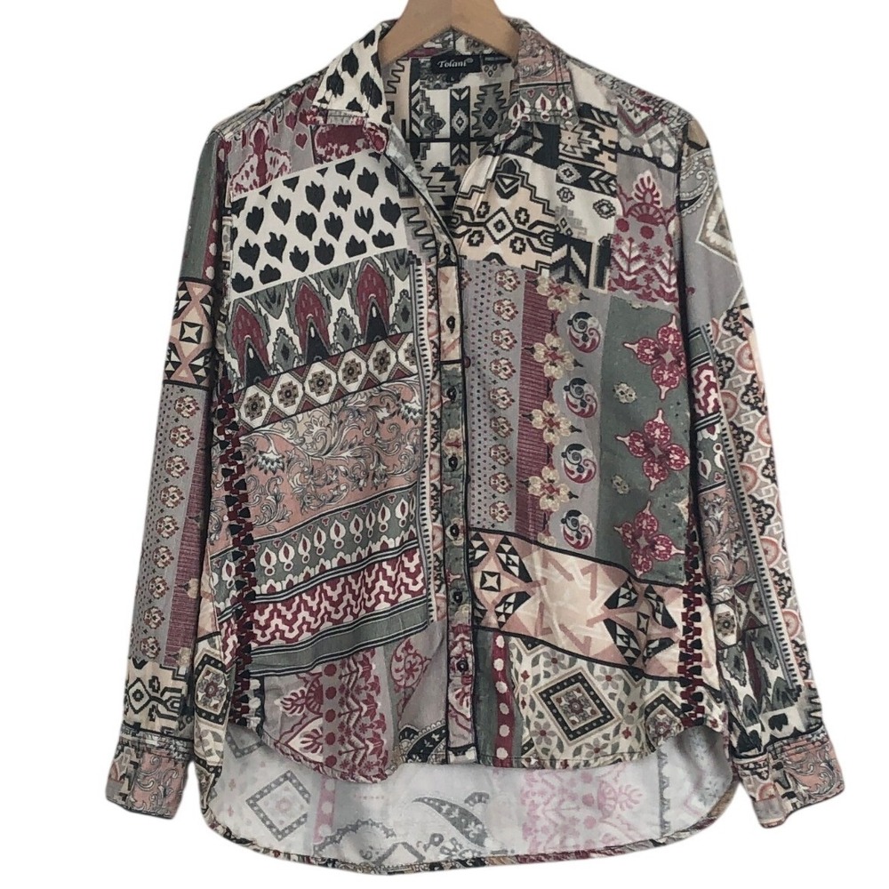 VTG TOLANI Patchwork Cotton Corduroy Button Up Shirt Sz L Multi Color L/S Boho